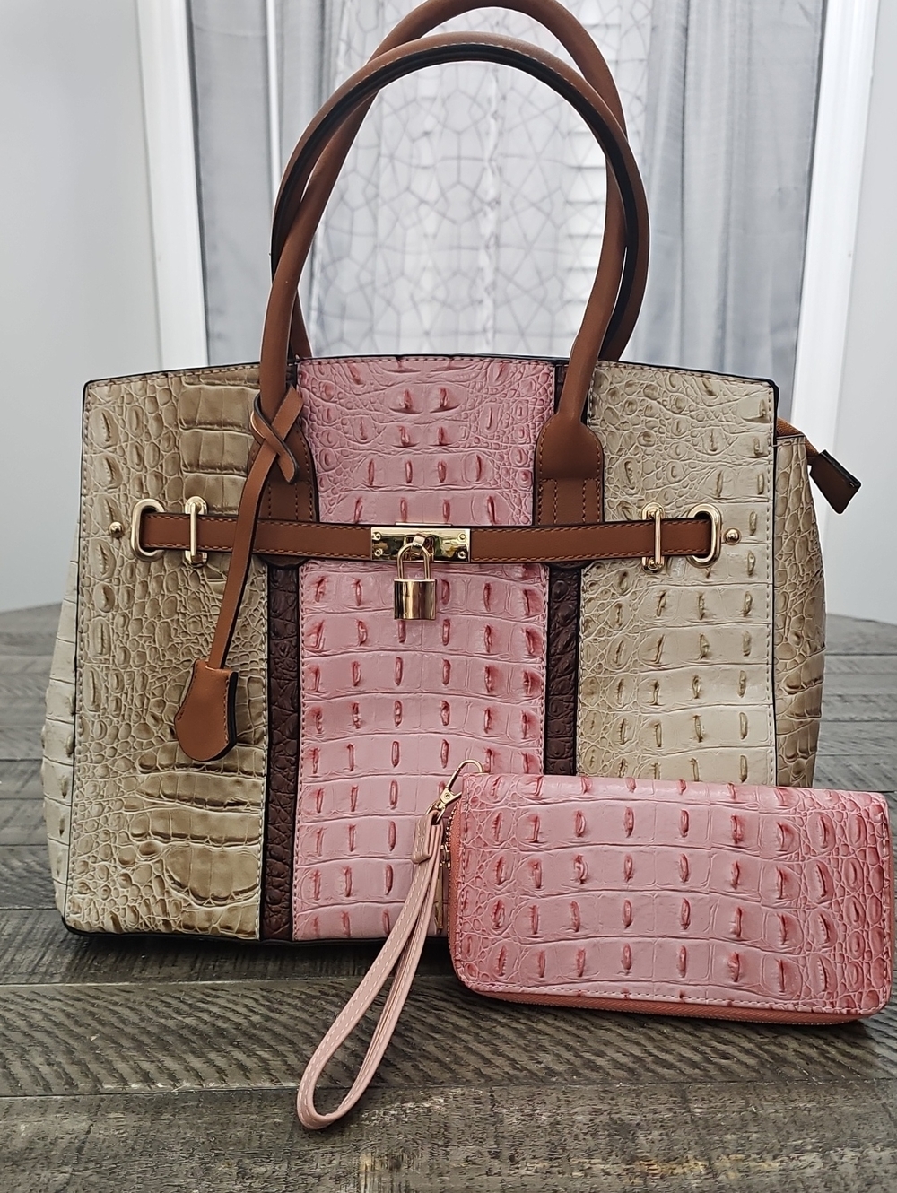 Croco-Embossed Pink & Cream Tote with Wristlet